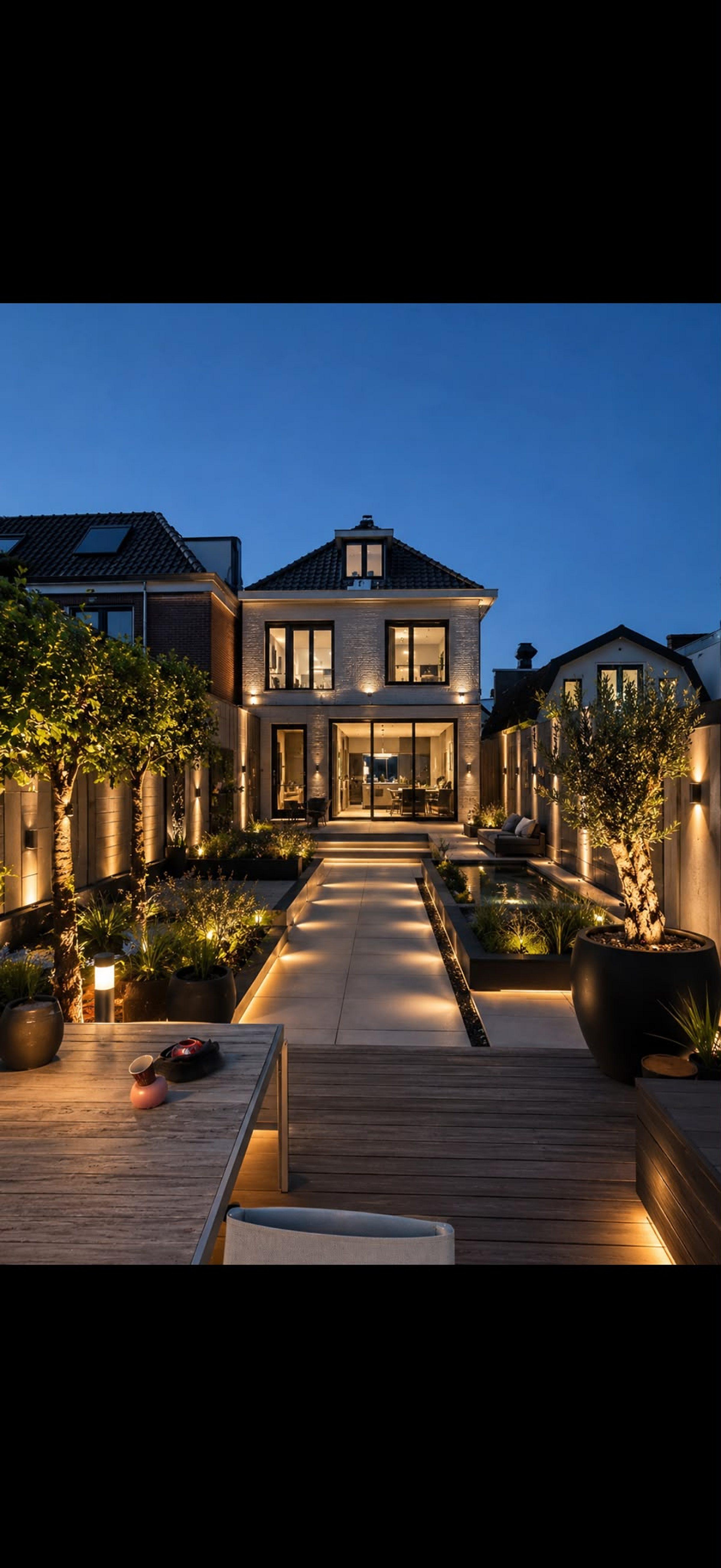 Tuin met sfeervolle buitenverlichting in de avondschemering.